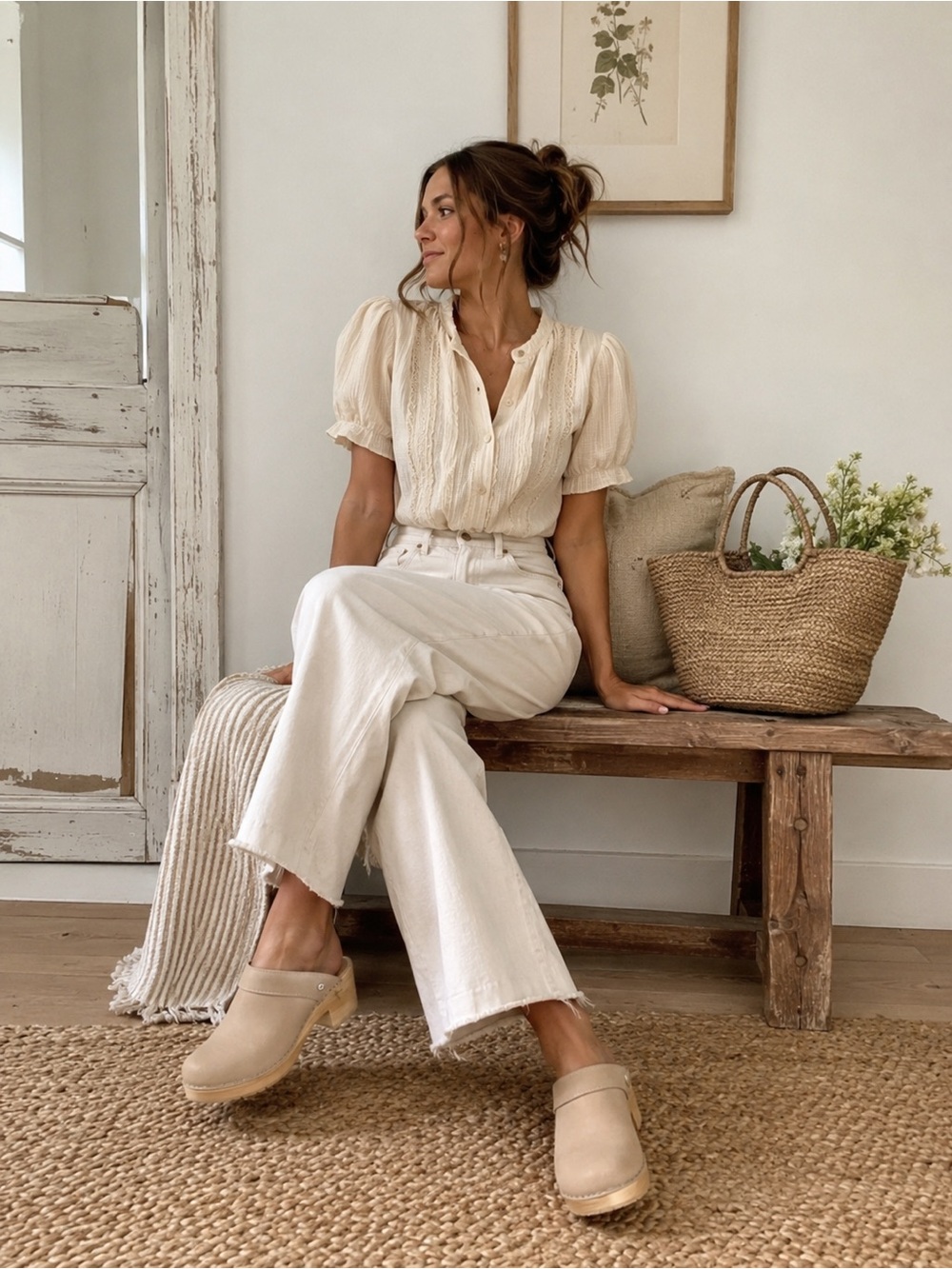 Neutral Beige Leather Clog Mules